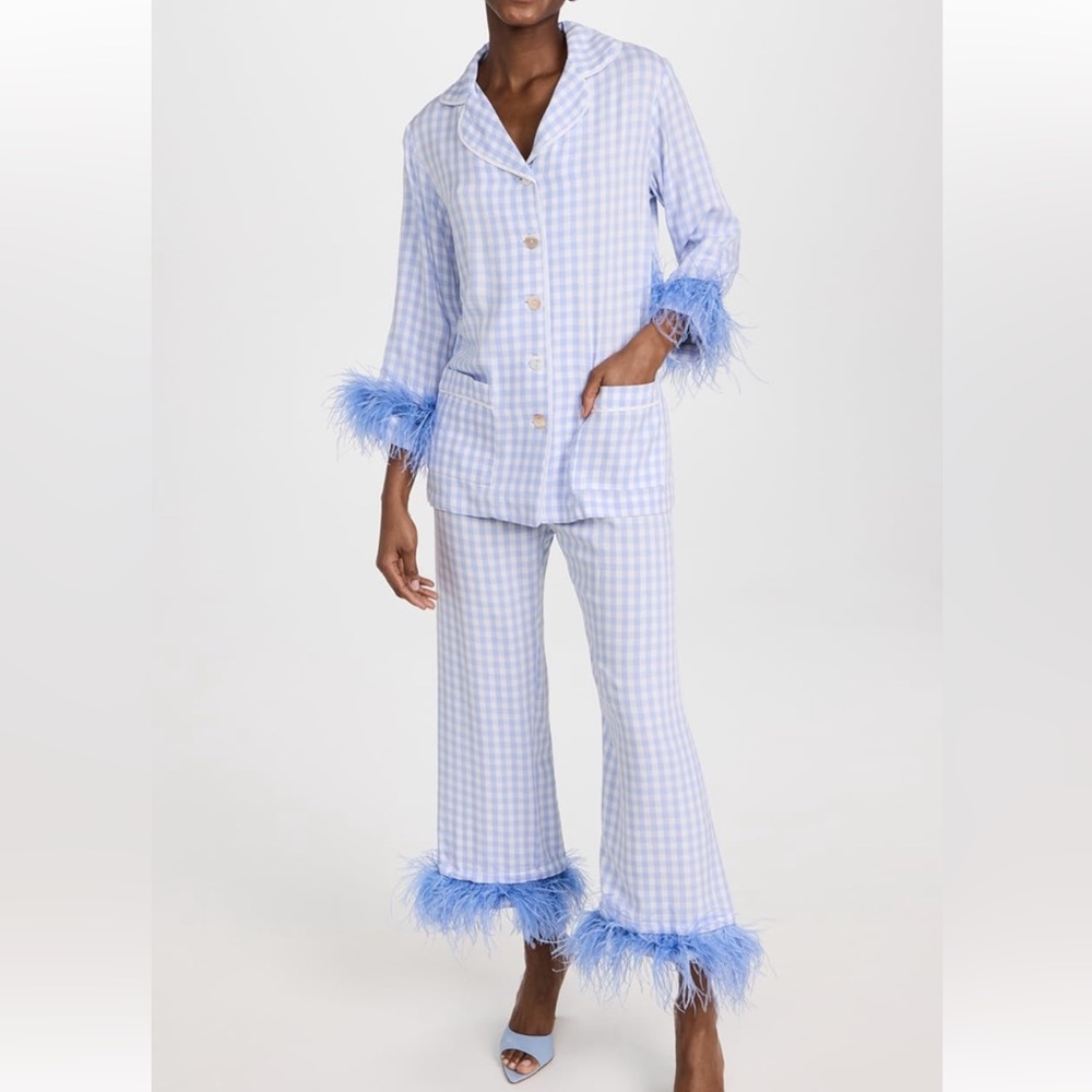 Sleeper | Party Double Ostrich Feather Pajamas in Blue & White | Size M